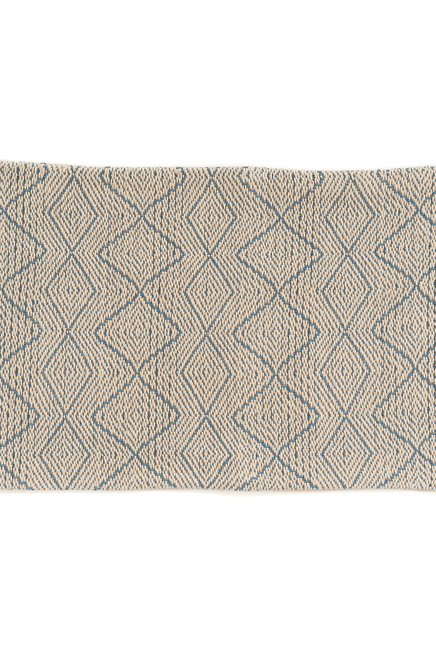 Handwoven hemp pillow case with diamond pattern, eco-friendly, available in beige or blue.
