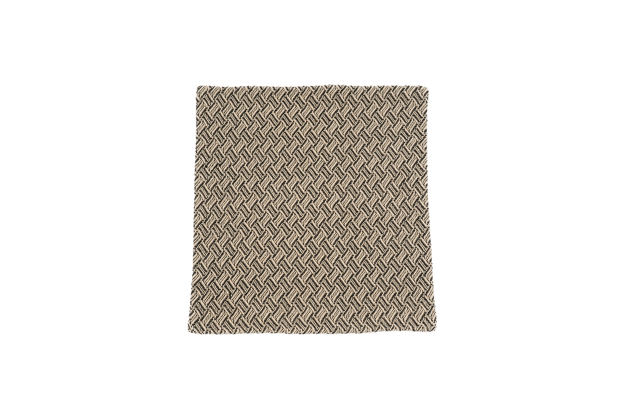 Handwoven hemp pillow case with rustic chevron and herringbone patterns in beige and black.