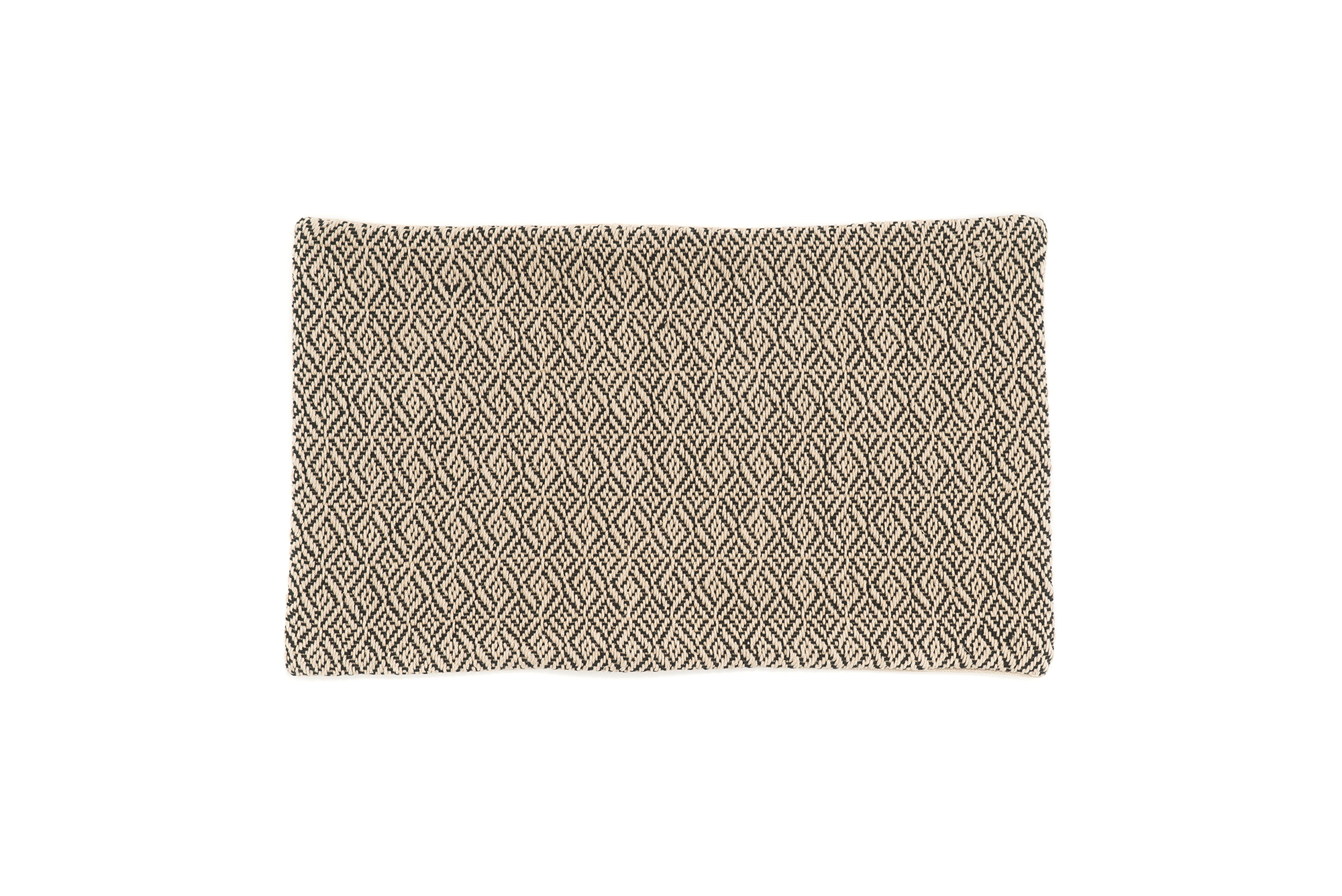 Handwoven hemp pillow case with diamond-weave pattern in beige and black, eco-friendly.