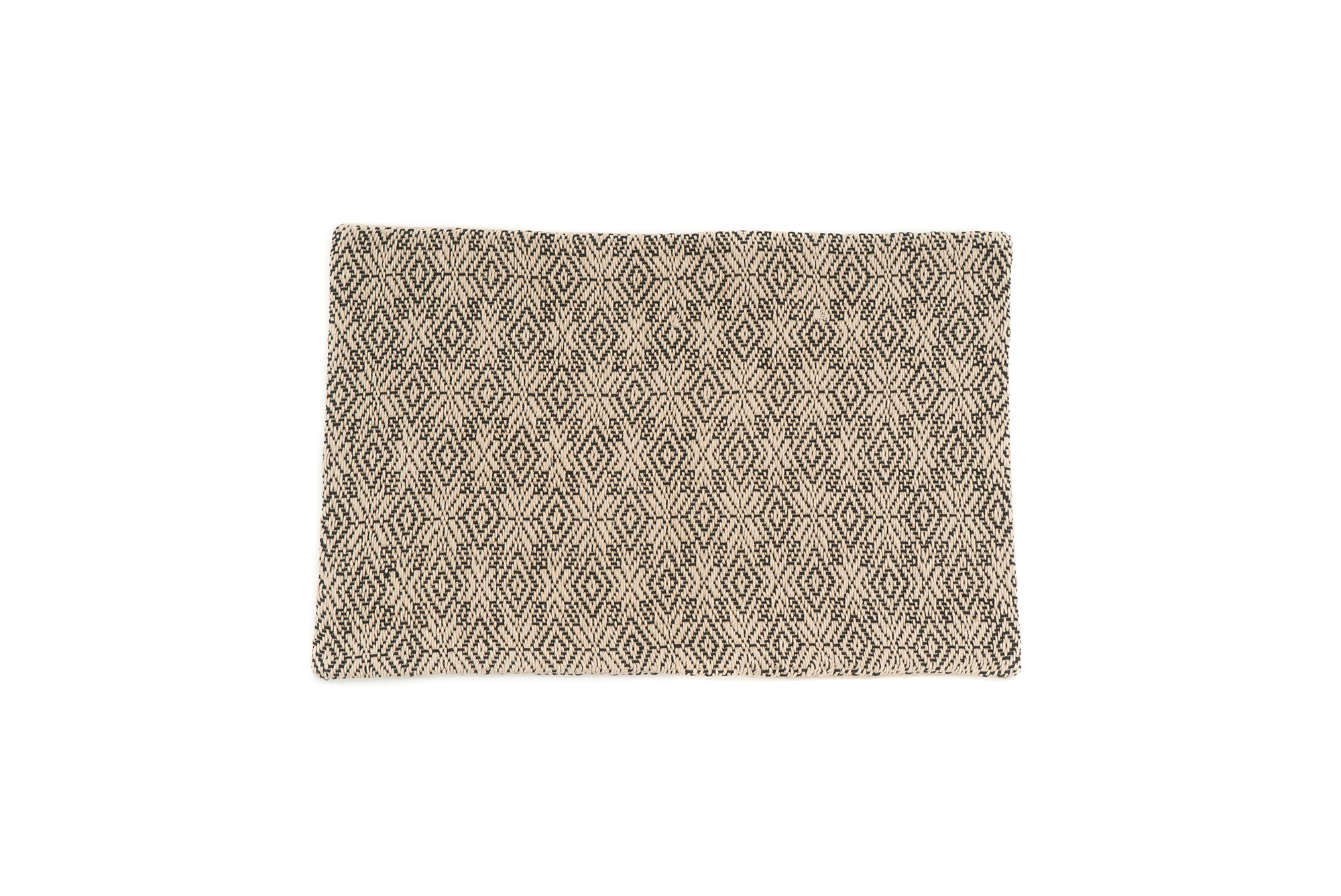 Handwoven hemp pillow case with diamond-weave geometric pattern in beige and black.