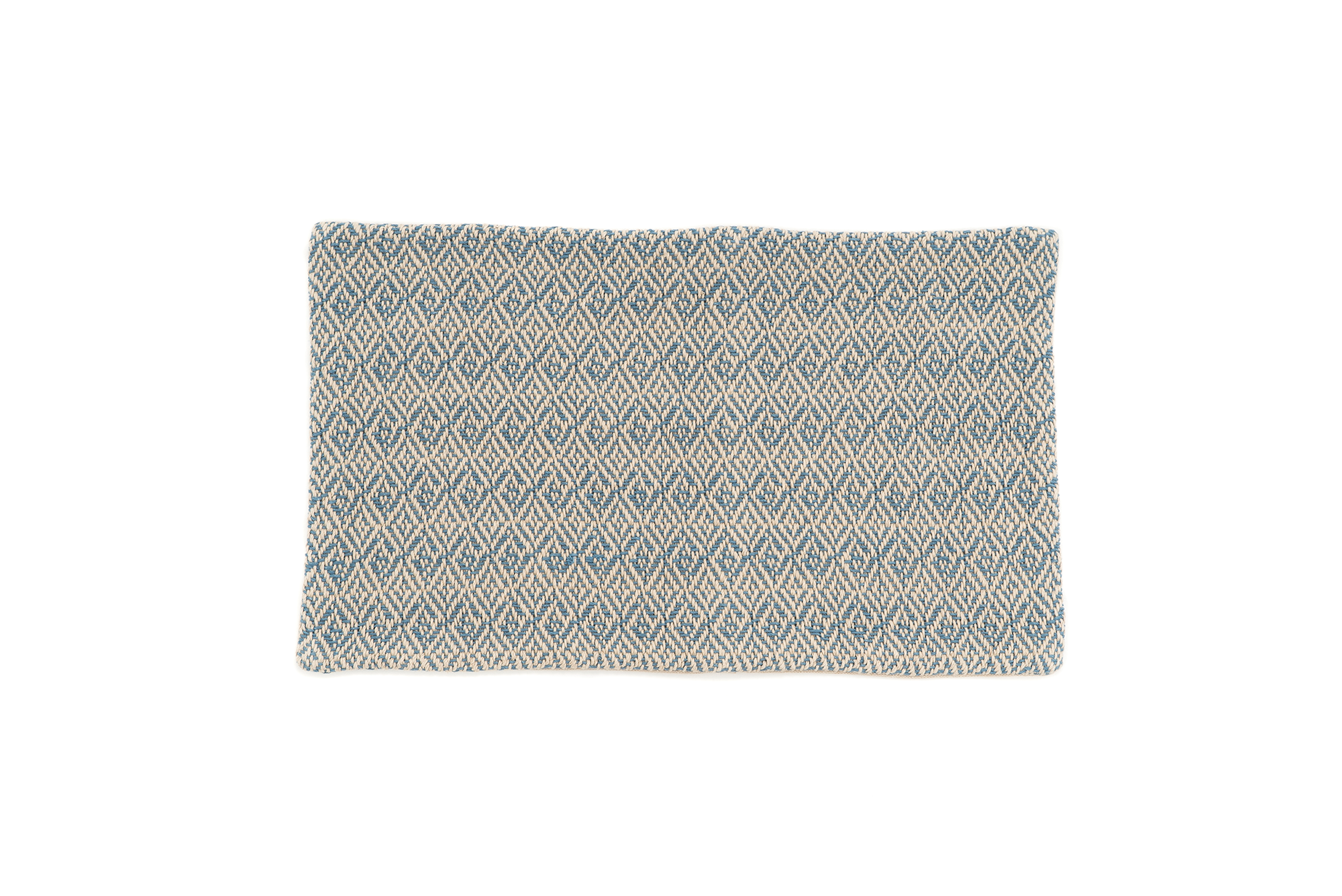 Handwoven hemp pillow case with blue and beige lattice pattern, eco-friendly Romanian yarn.