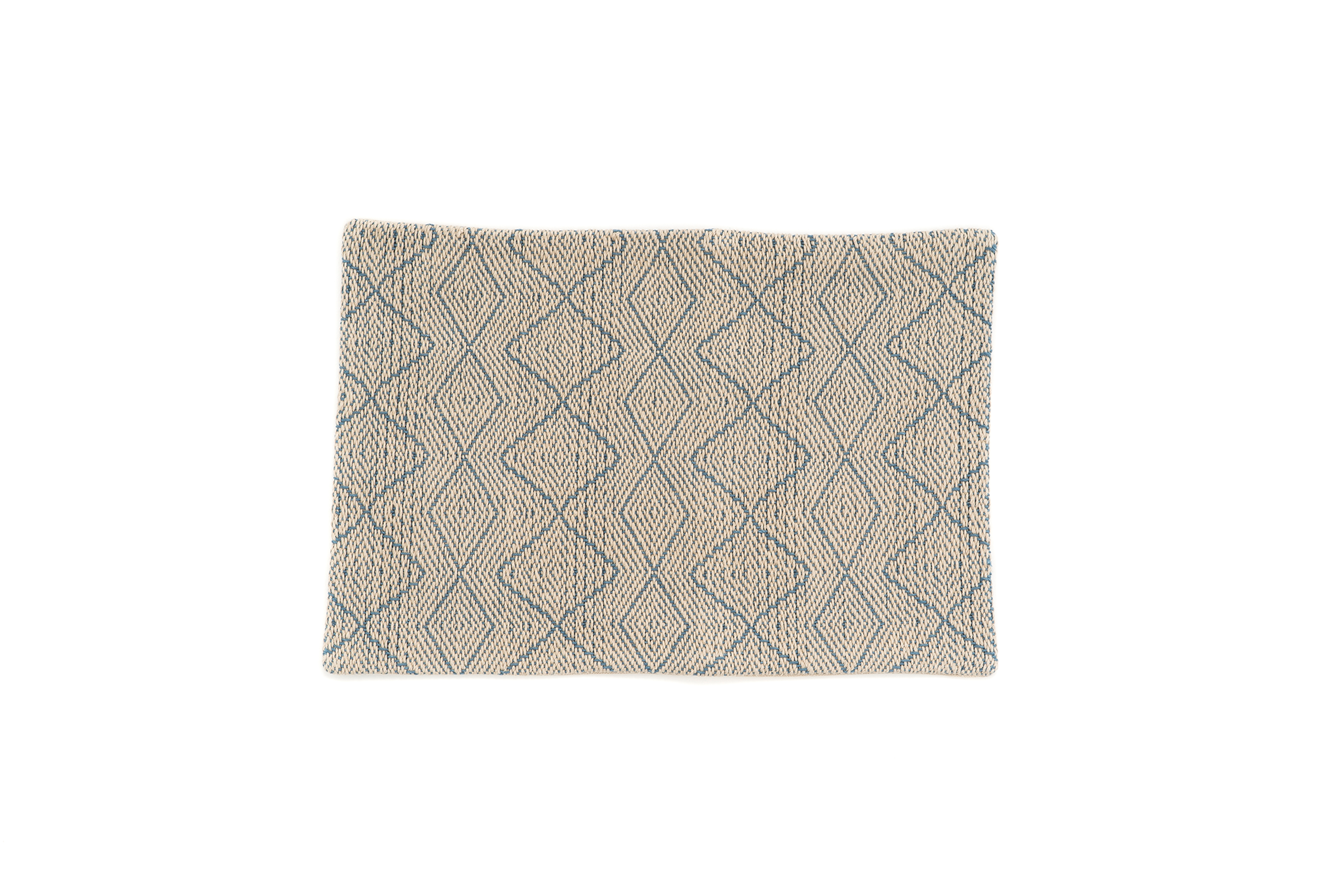 Handwoven hemp pillow case with diamond pattern, eco-friendly, available in beige or blue.