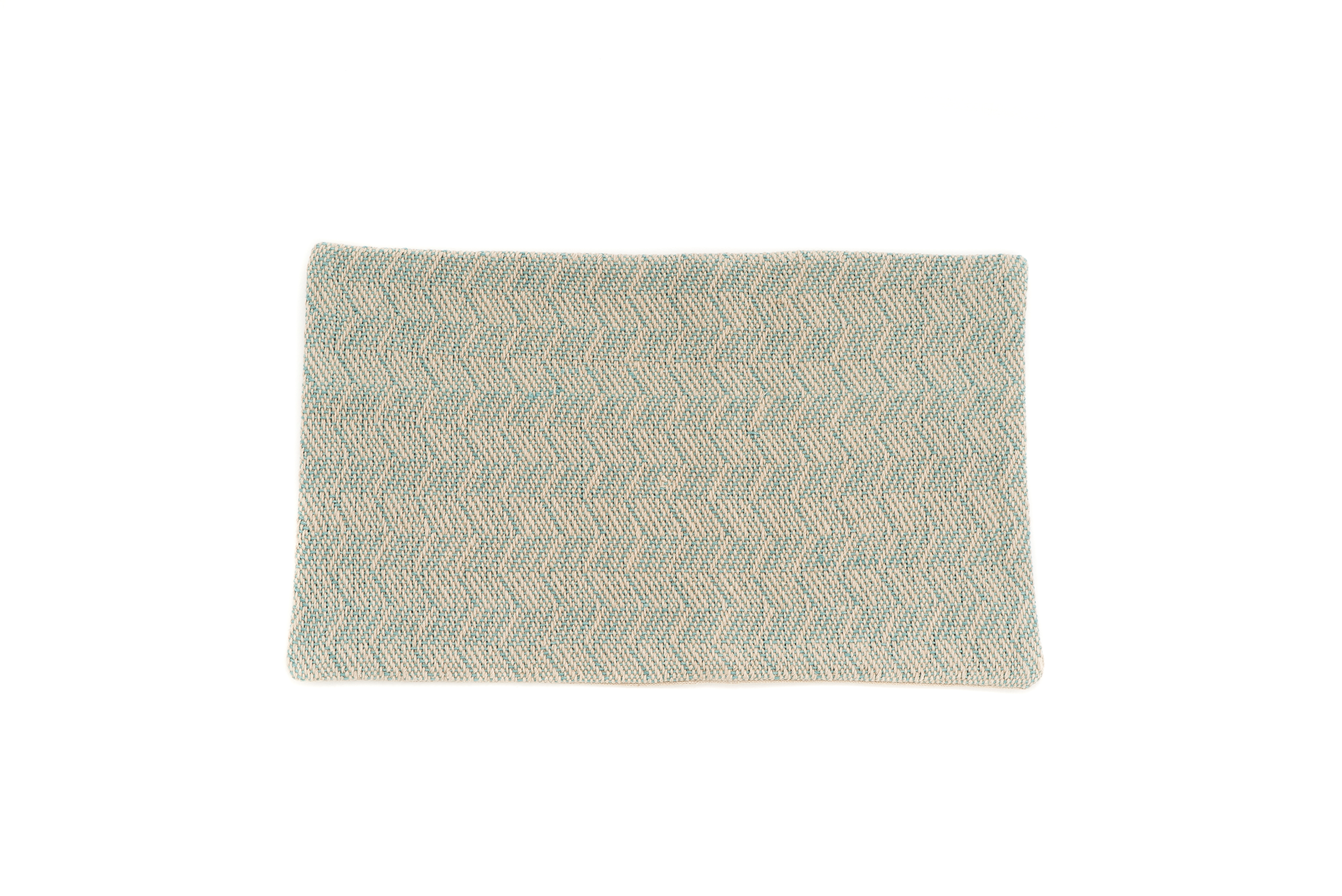 Handwoven hemp pillow case with beige and teal chevron design, eco-friendly.