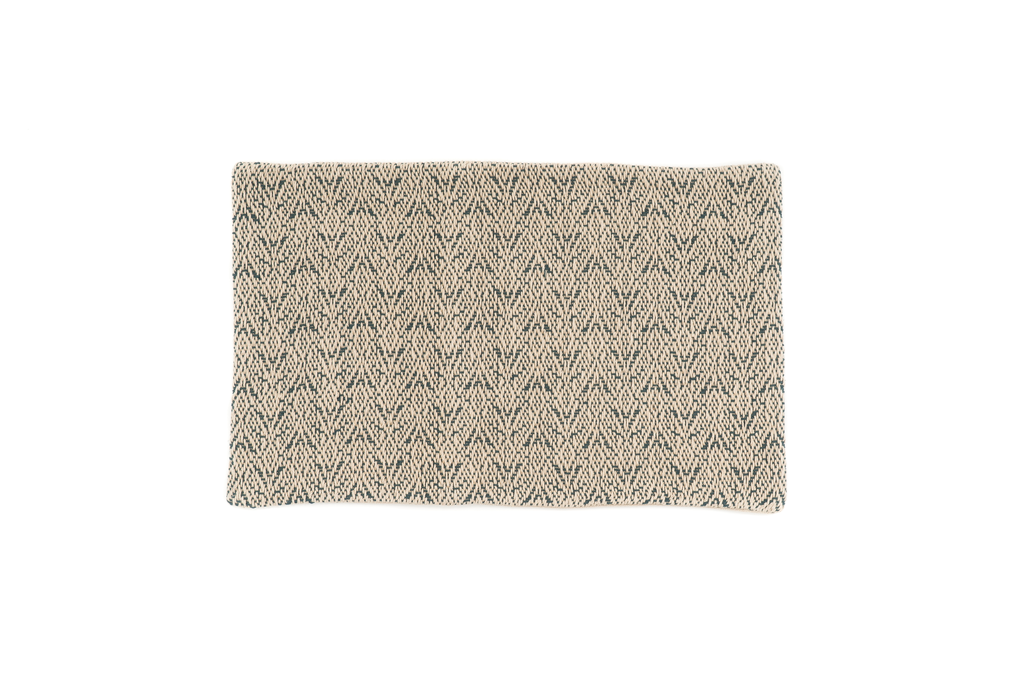 Handwoven hemp pillow case with geometric chevron pattern in beige and black.