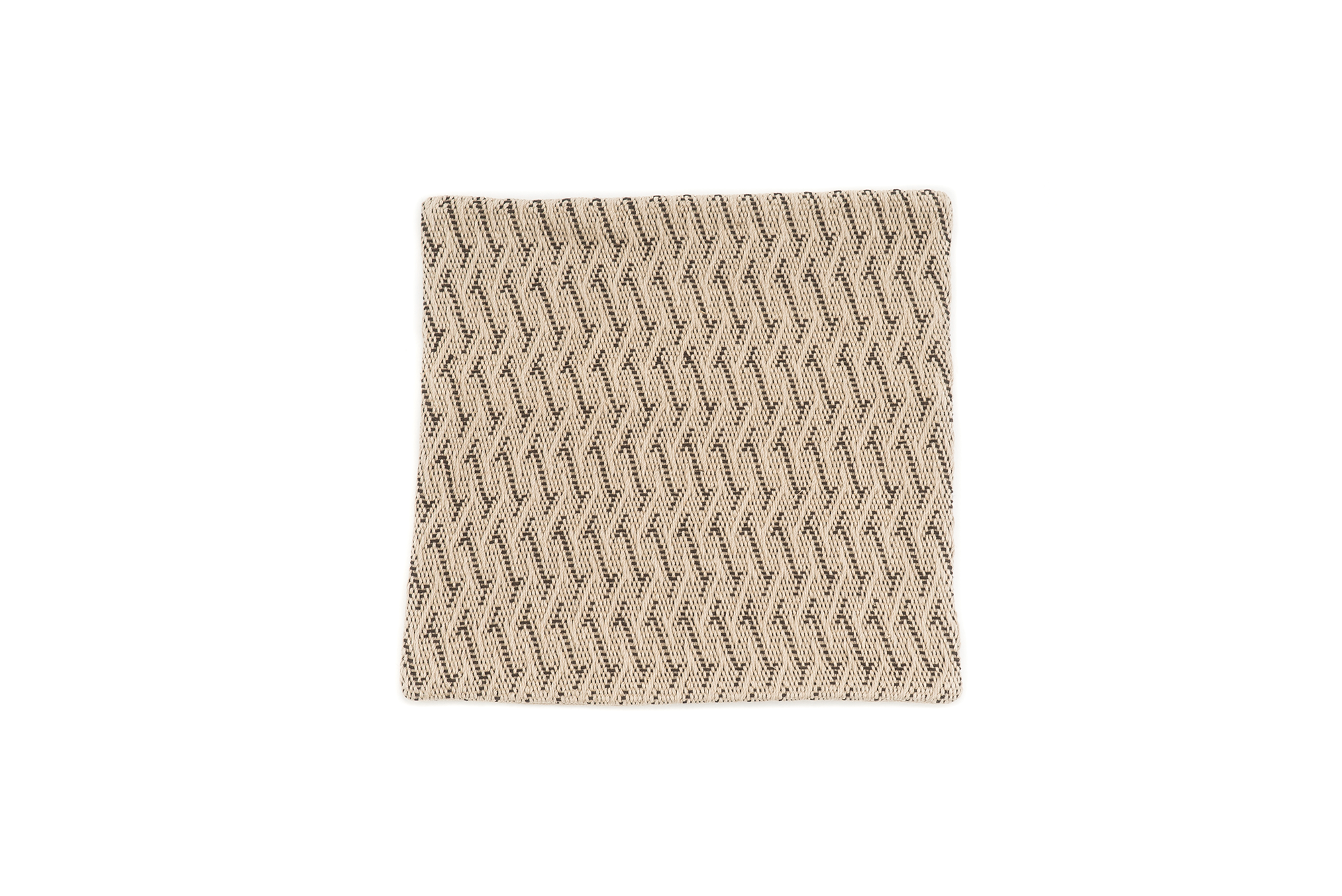 Handwoven hemp pillow case with rustic zigzag and chevron patterns in beige and black.